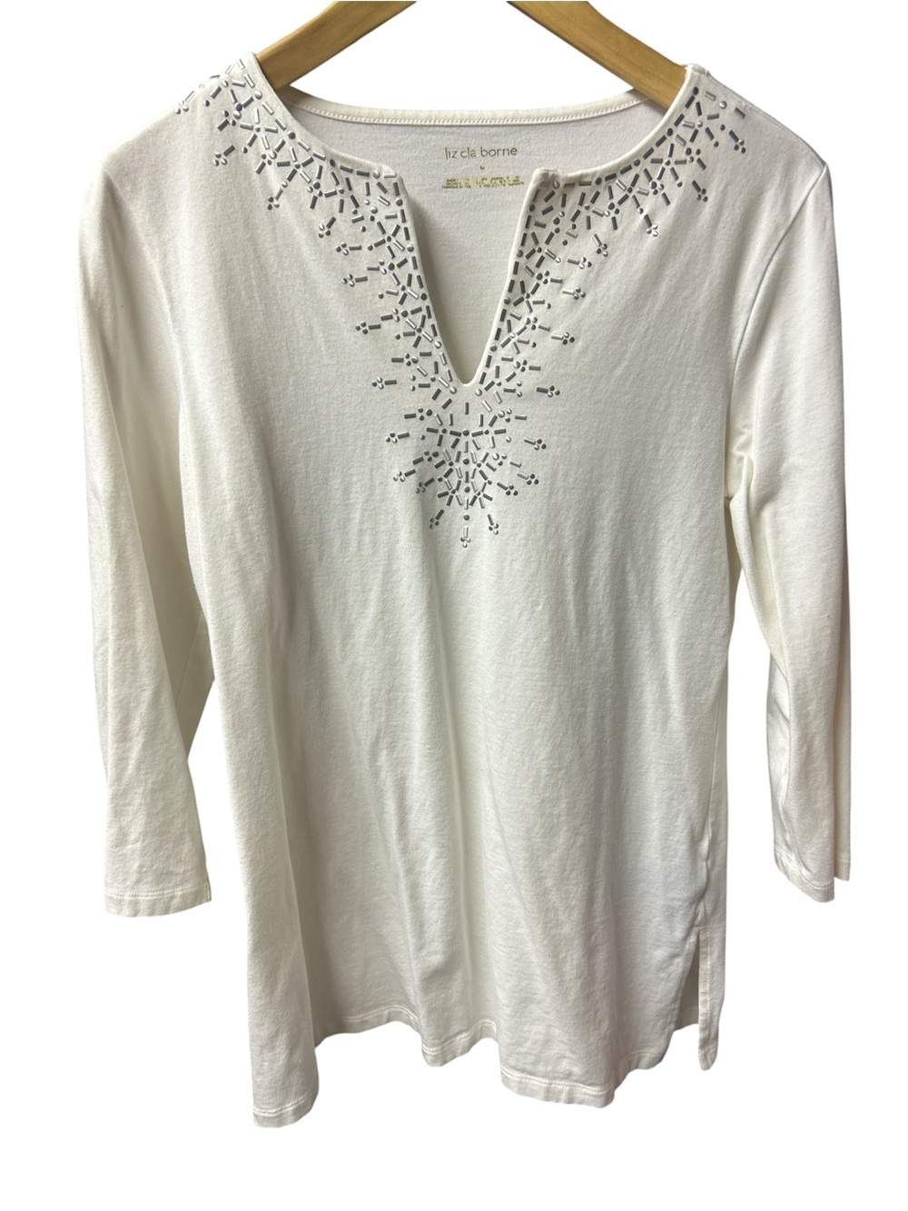 Liz Claiborne White V-Notch Long Sleeve Top with Silver Embellishment